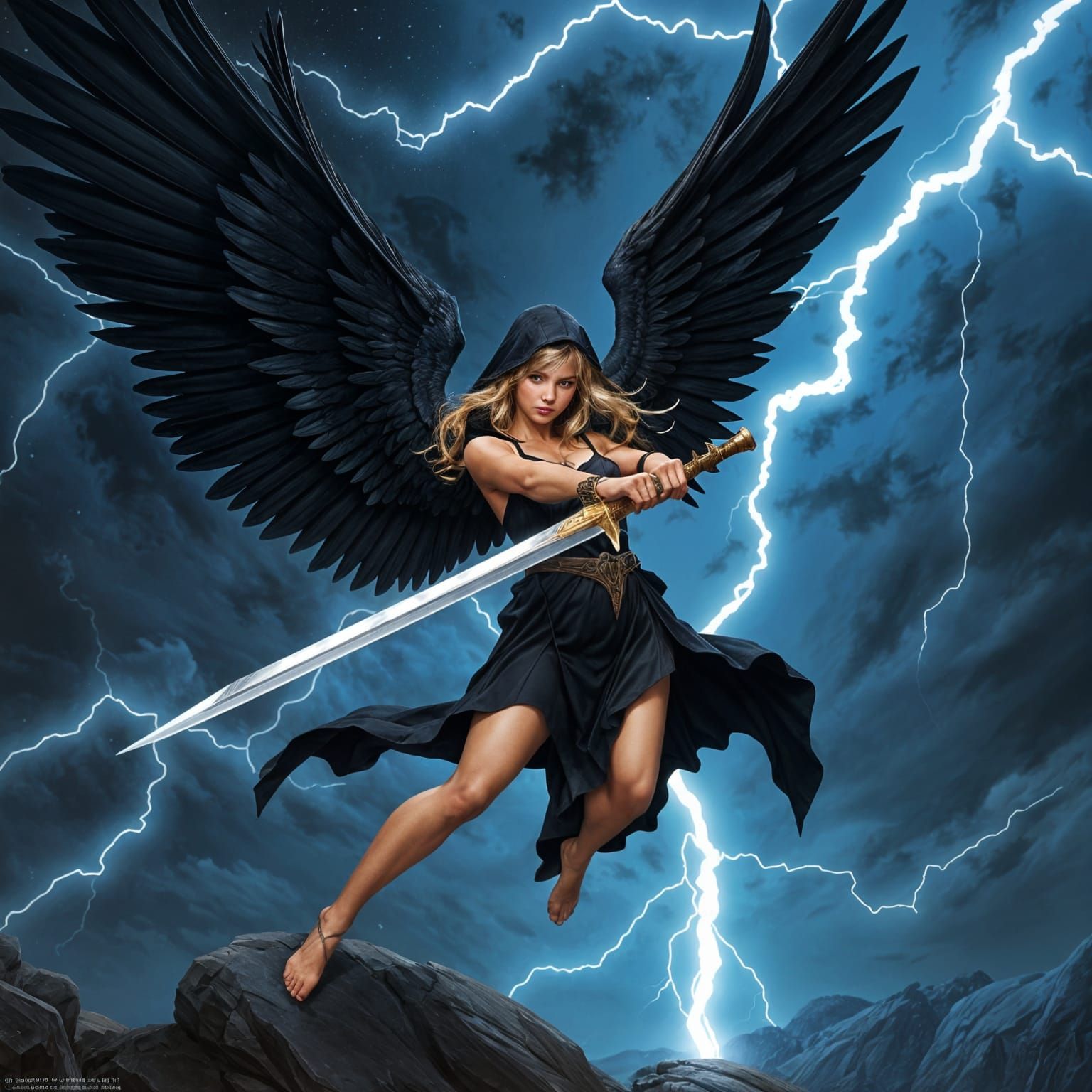 Ethereal Goddess of Retribution in Darkened Stormy Night Sky