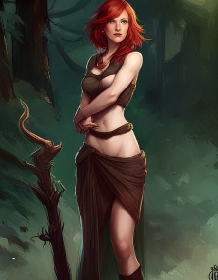 Red-Haired Druid with Crow Staff in Forest