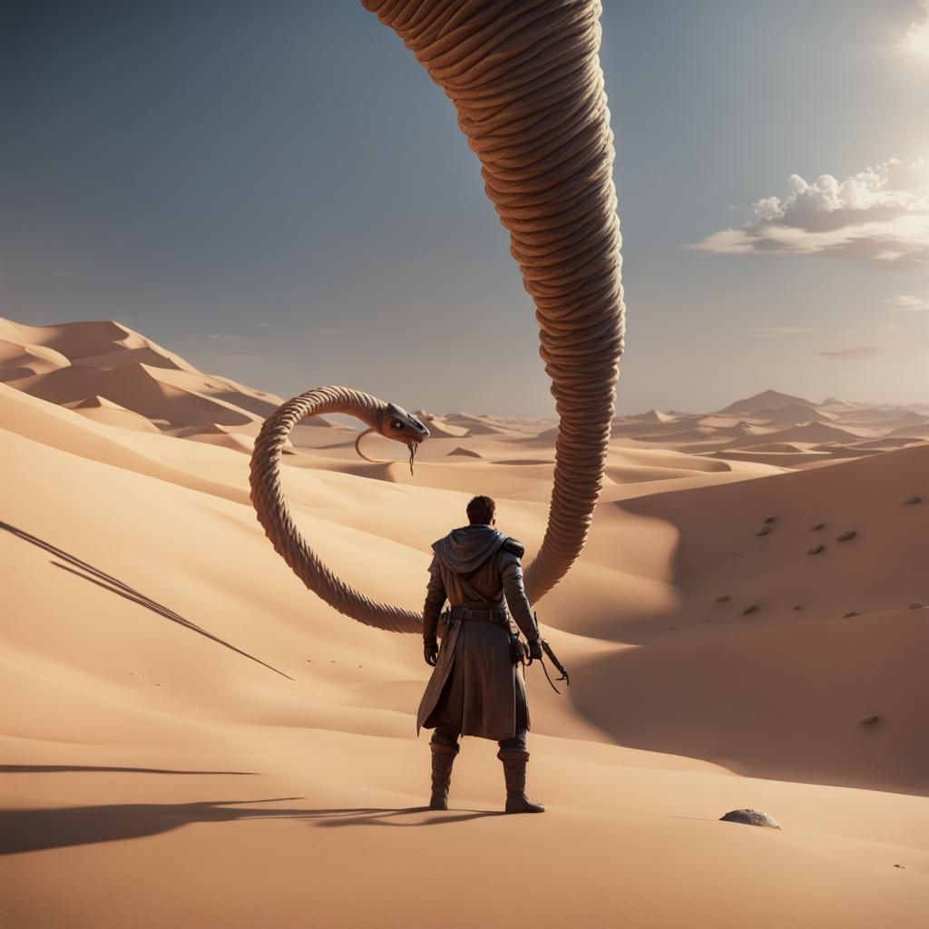 Paul Atreides Stands Tall Against a Majestic Sandworm in a D...