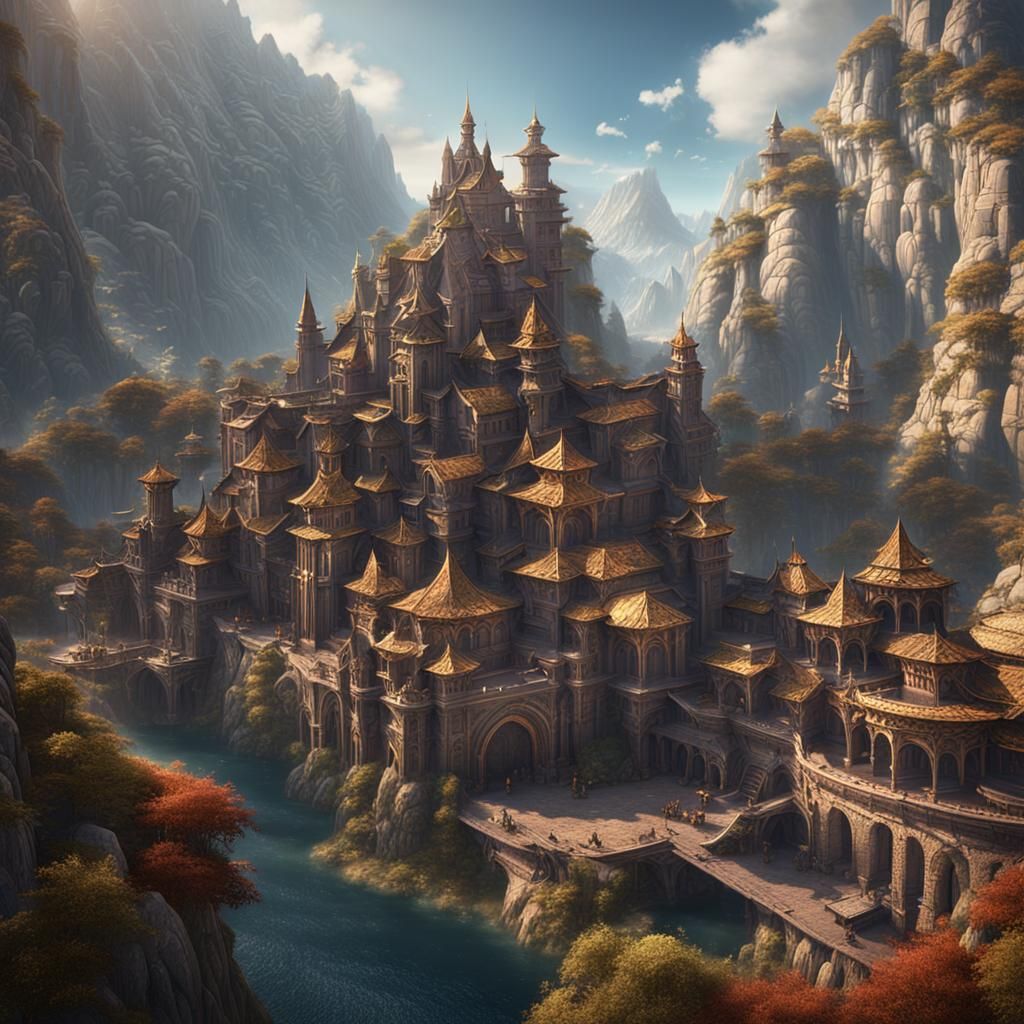 Epic Mountain Metropolis in Vibrant Fantasy Style