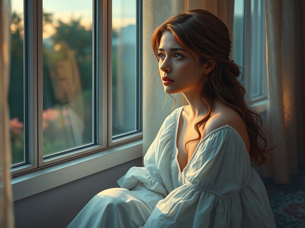 Longing Woman in White Dress by Window