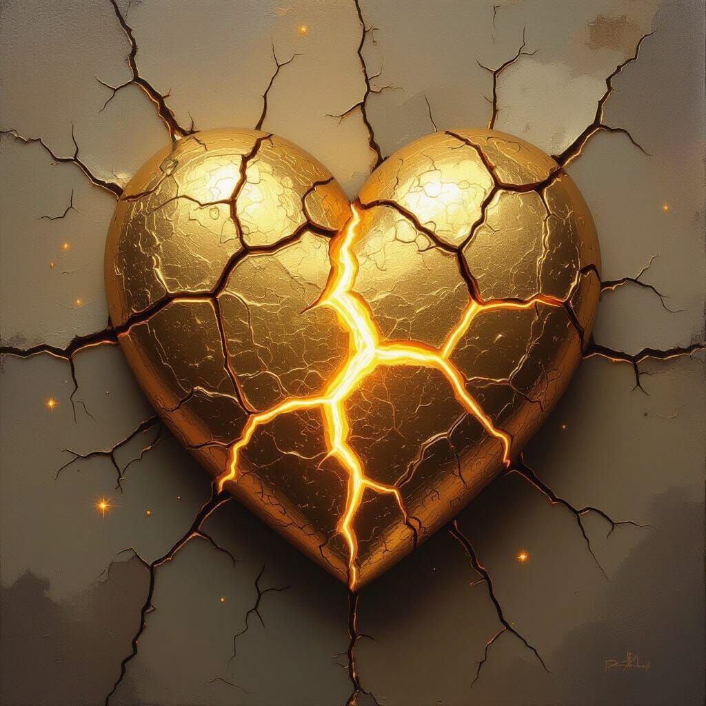 Cracked Golden Heart: Kintsugi Art of Pain and Resilience