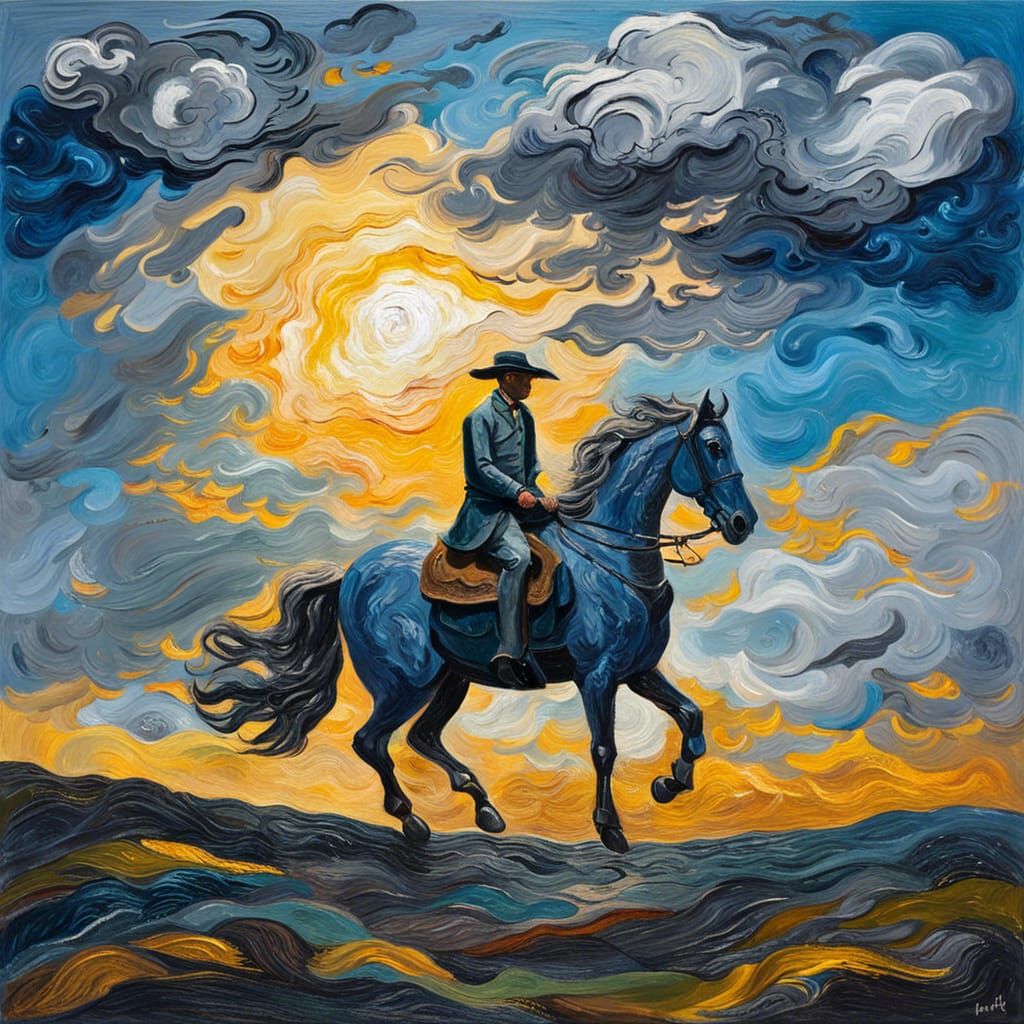 Warm Light on the Lone Rider in Energetic Landscape