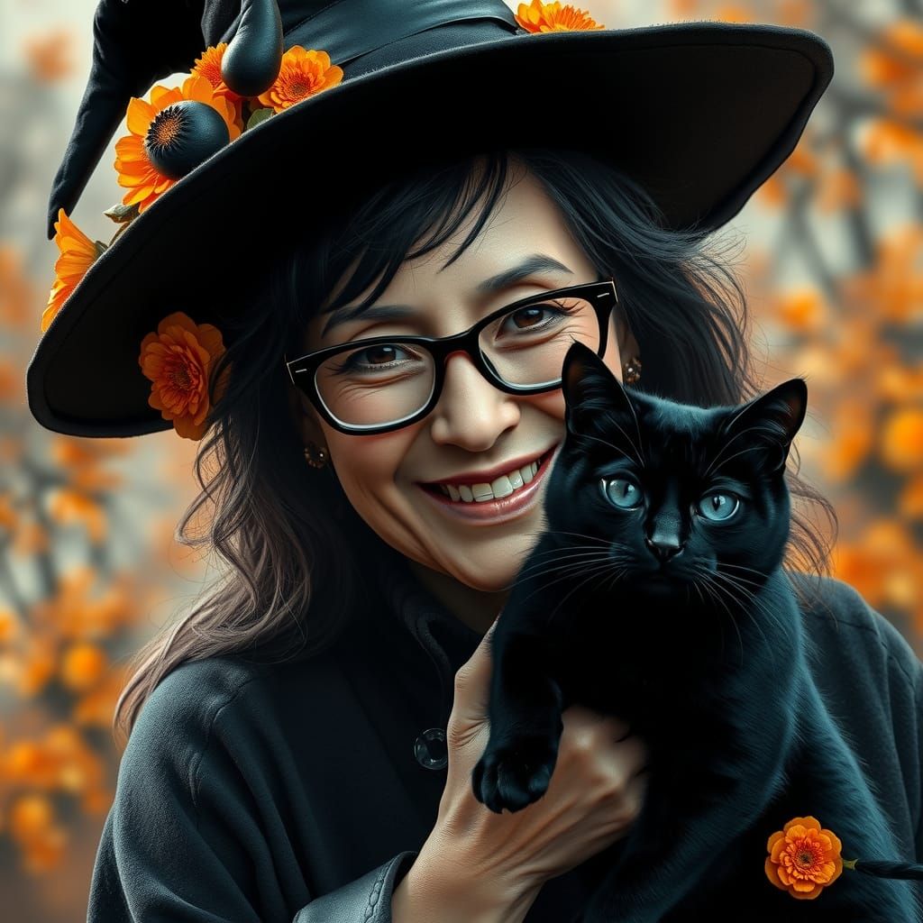 Surreal Autumn Witch Portrait in Cyberpunk Style