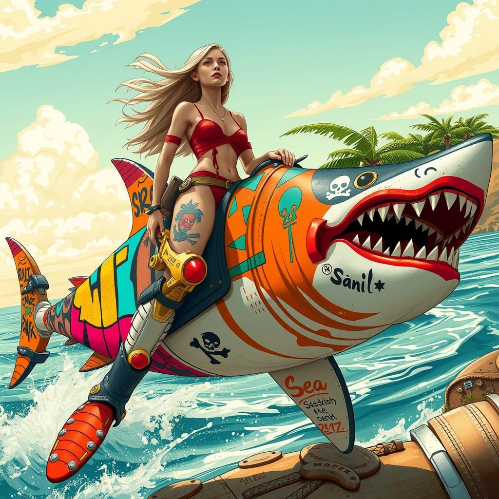 Woman Rides Graffiti Shark in Cyberpunk Style