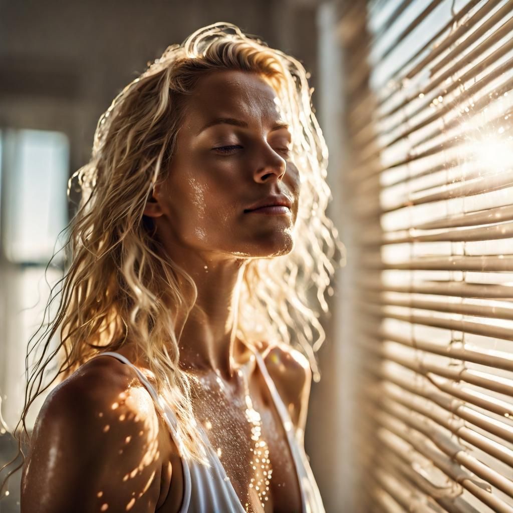 Woman enjoying sunrays with wet hair