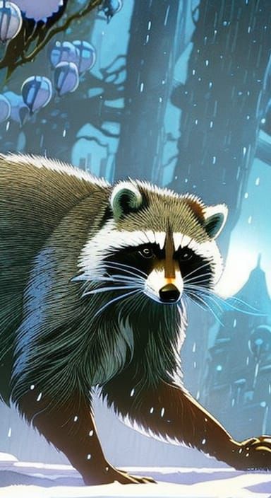 Fantasy Raccoon in Enchanting Rainy Morning Scene