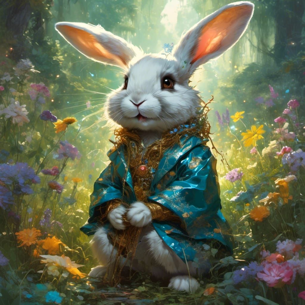 Vibrant Wizard Bunny Garden Scene in Concept Art Style
