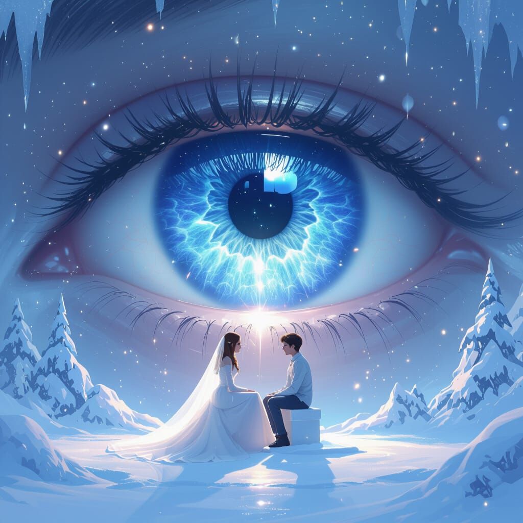 Colossal Blue Eye With Snowy Iris & Romantic Couple