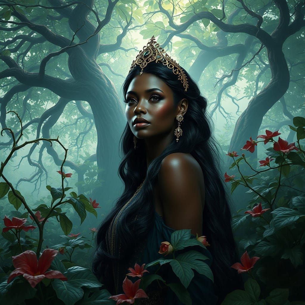 Ebony Goddess in a Dreamlike Forest