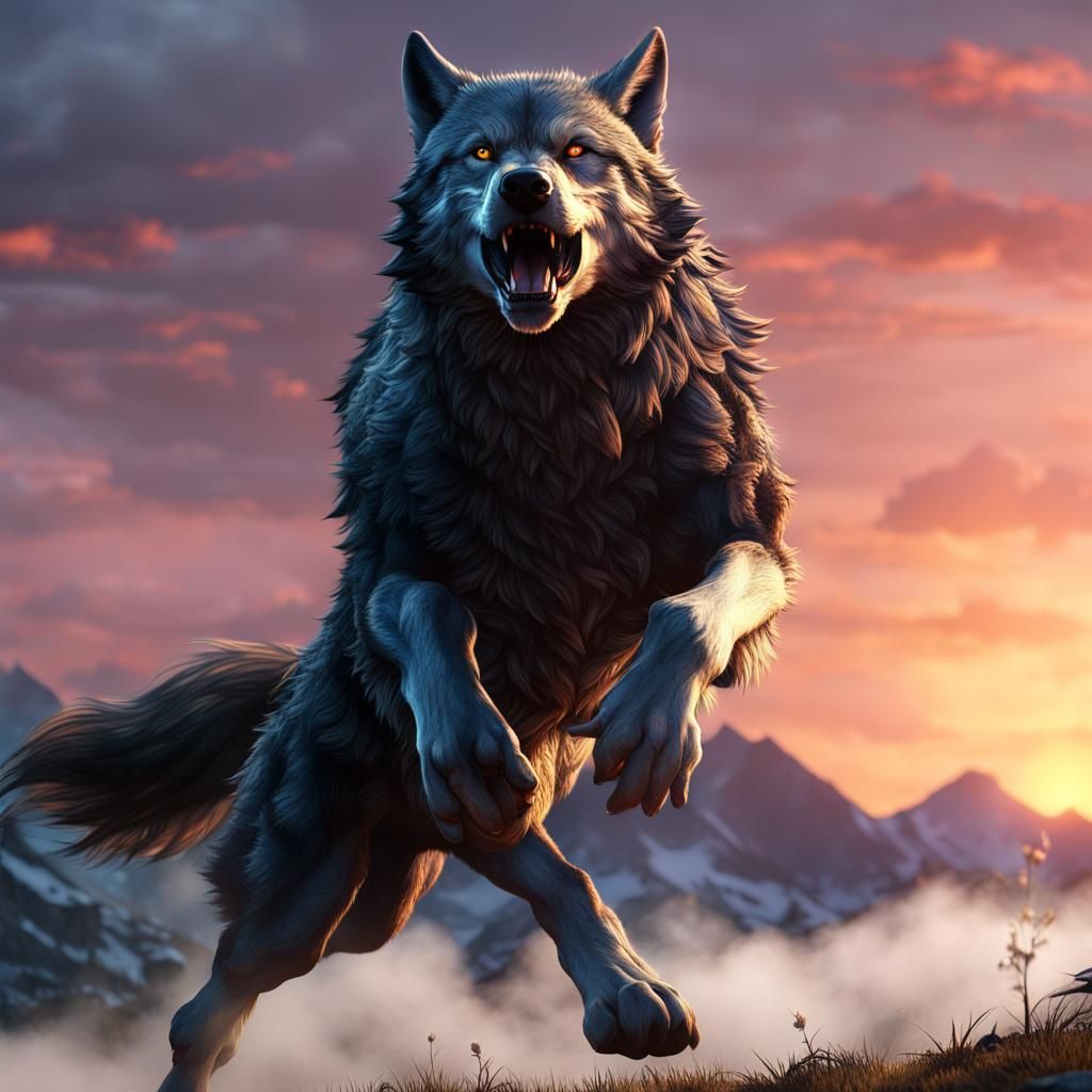 Wolf Ascending Sunset Landscape in Vibrant Detail