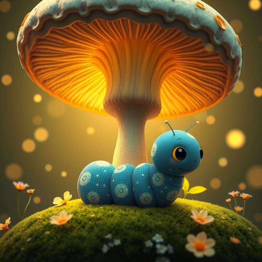 Whimsical Kawaii Chibi Caterpillar in a Fantastical Mushroom...