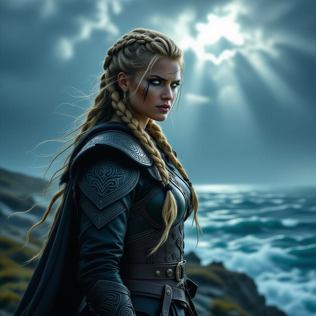 Viking Warrior Woman on Stormy Cliff