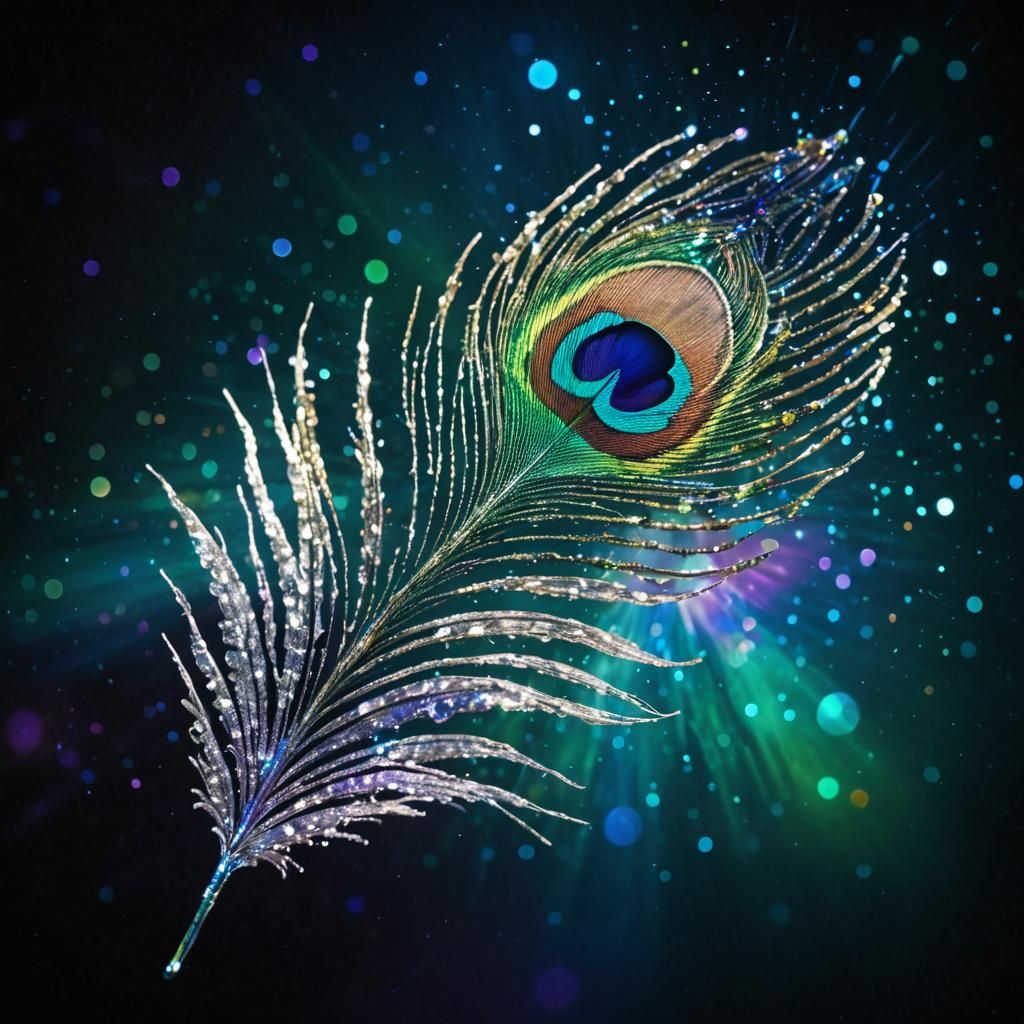 Crystal Peacock Feather in Cosmic Nebula