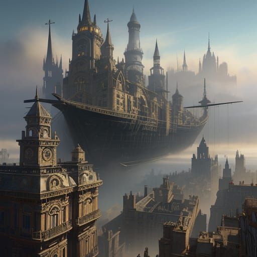 Steampunk Airship Over Victorian City: Matte Painting