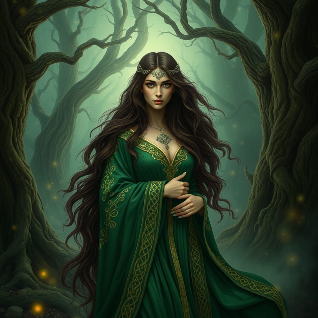 Celtic mythological Goddess in a gnarled ancient forest.