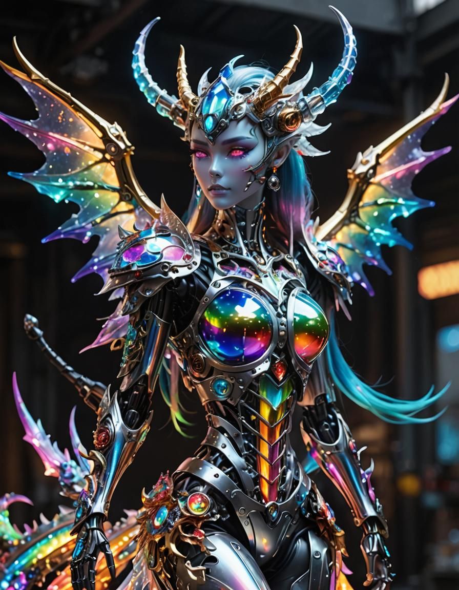 Dragon Girl in Shimmering Diamond Skin with Metallic Skeleto...