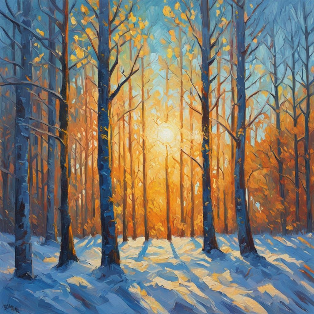 Wintry Forest Bathed in Golden Hour Light