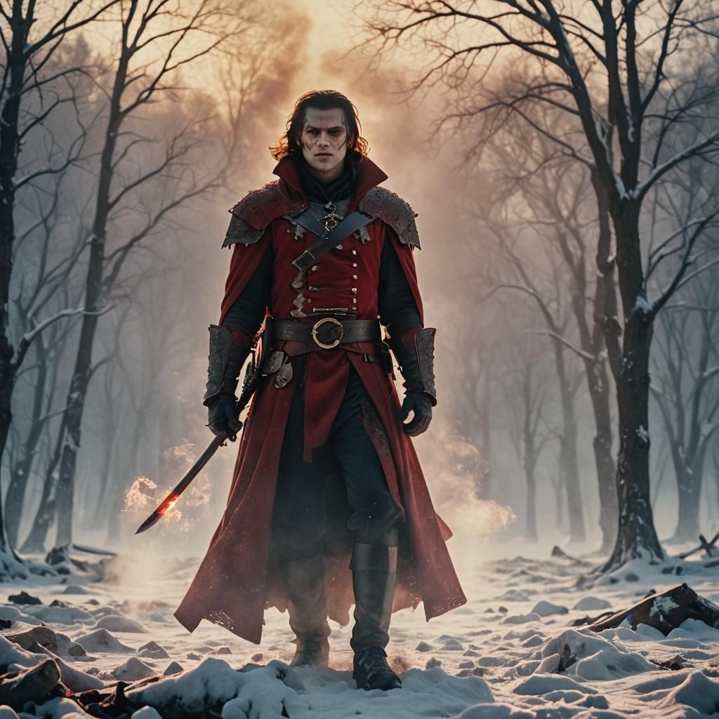 Epic Red Vampire Warrior Stands Amidst Snowy Battlefields in...