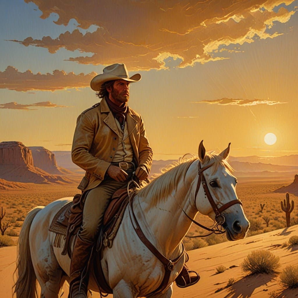 Cowboy Gazing at Horizon in Sun-Drenched Desert Oil Painting