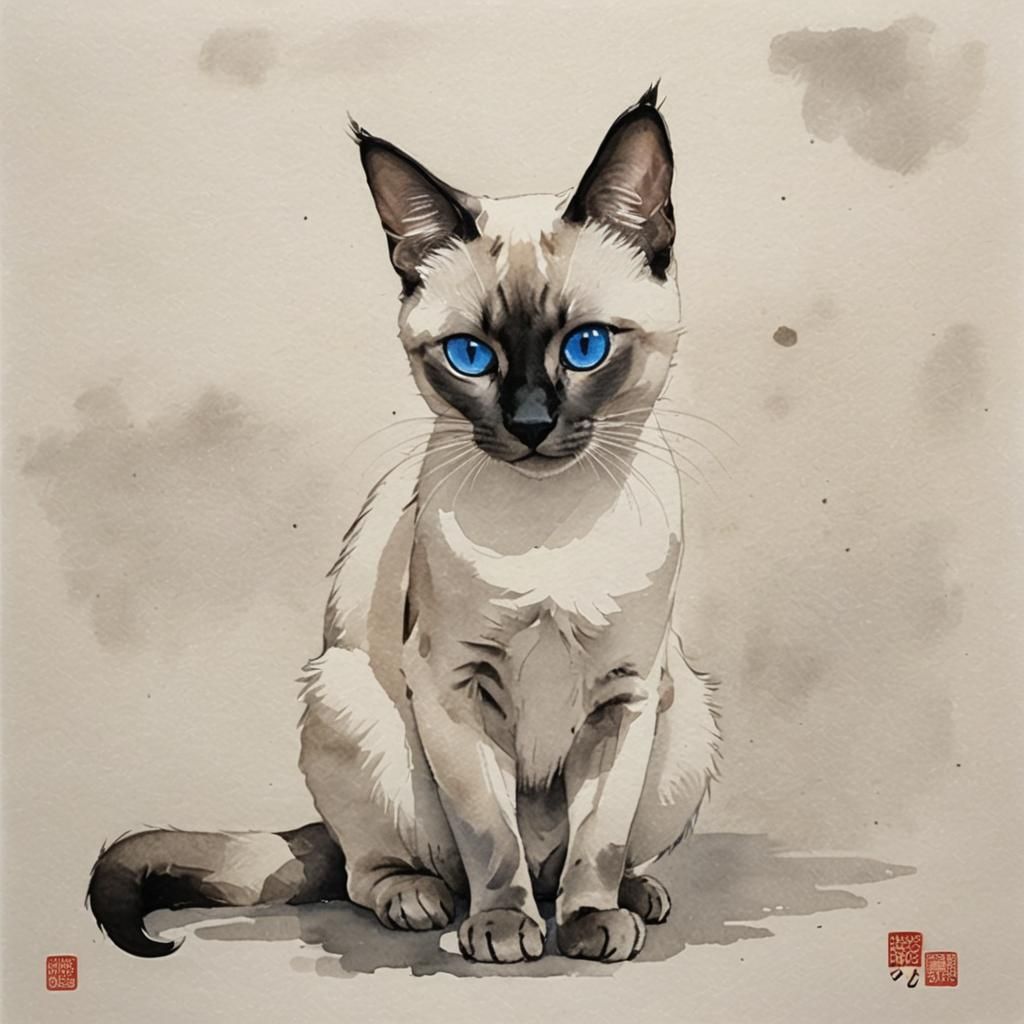 Elegant Siamese Cat in Traditional Chinese Ink Wash Style
