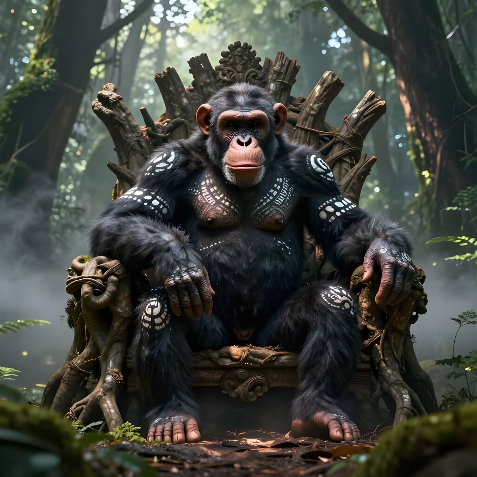 Majestic Chimpanzee King on Root Throne