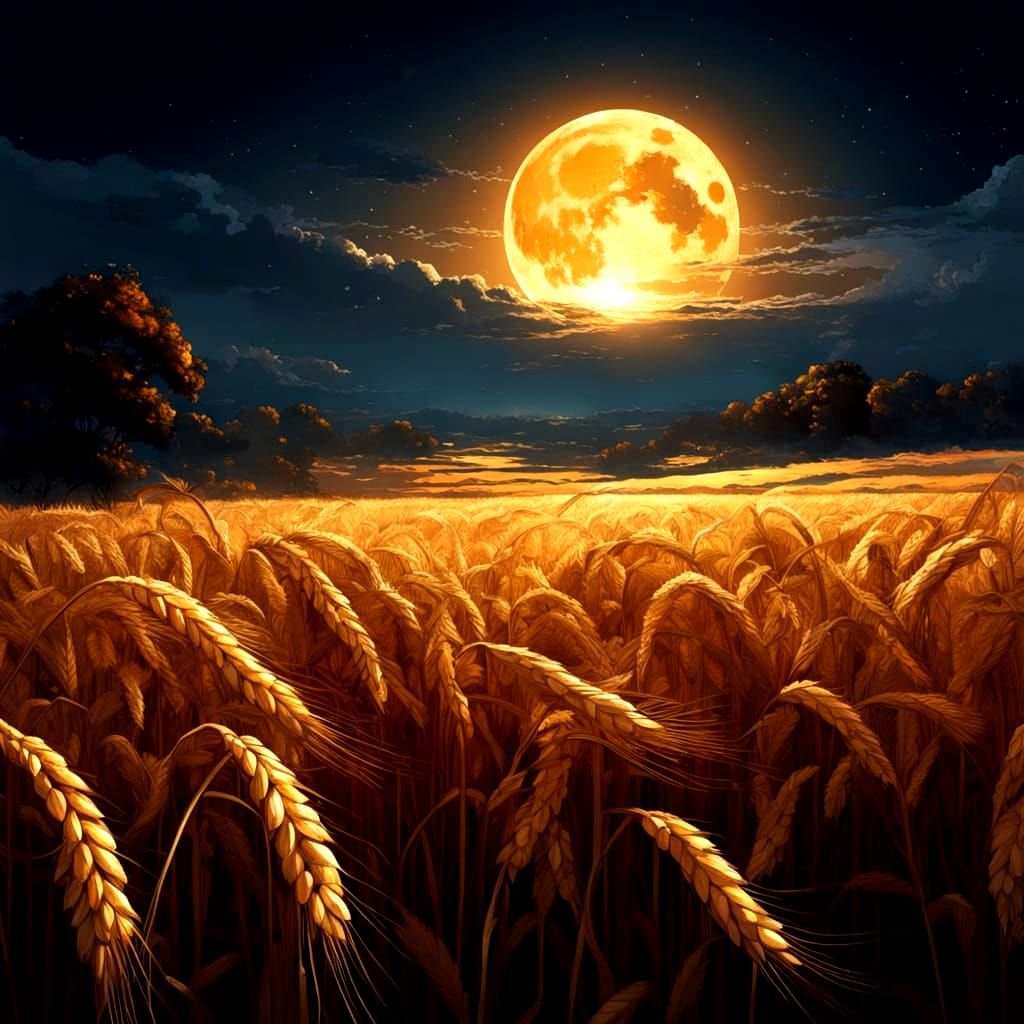 Autumn Wheat Field Under Harvest Moon