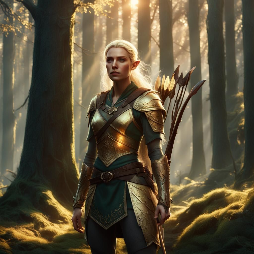 Ethereal Wood Elf Ranger Girl Amidst Golden Hour Forest