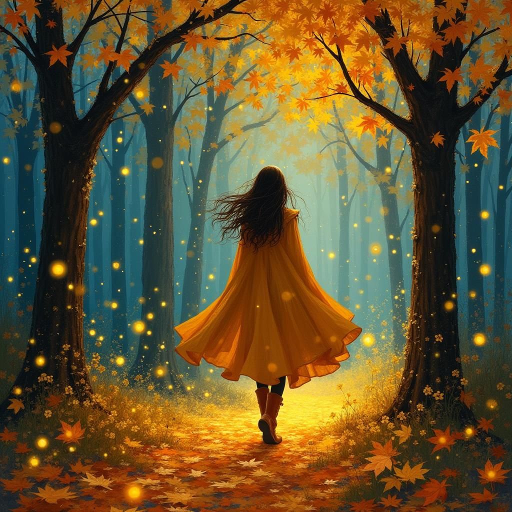 Enchanted Autumn Goddess in Whimsical Forest Landscape