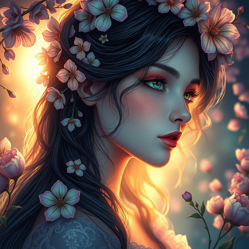 Fantasy Flower Girl in Enchanted Dawn Light