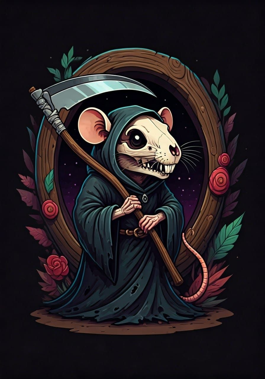 Cartoon Reaper with Rat Skull Next to Mousehole