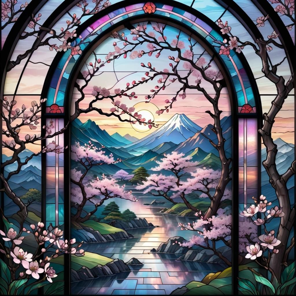 Vibrant Cherry Blossom Stained Glass in Japanese Style