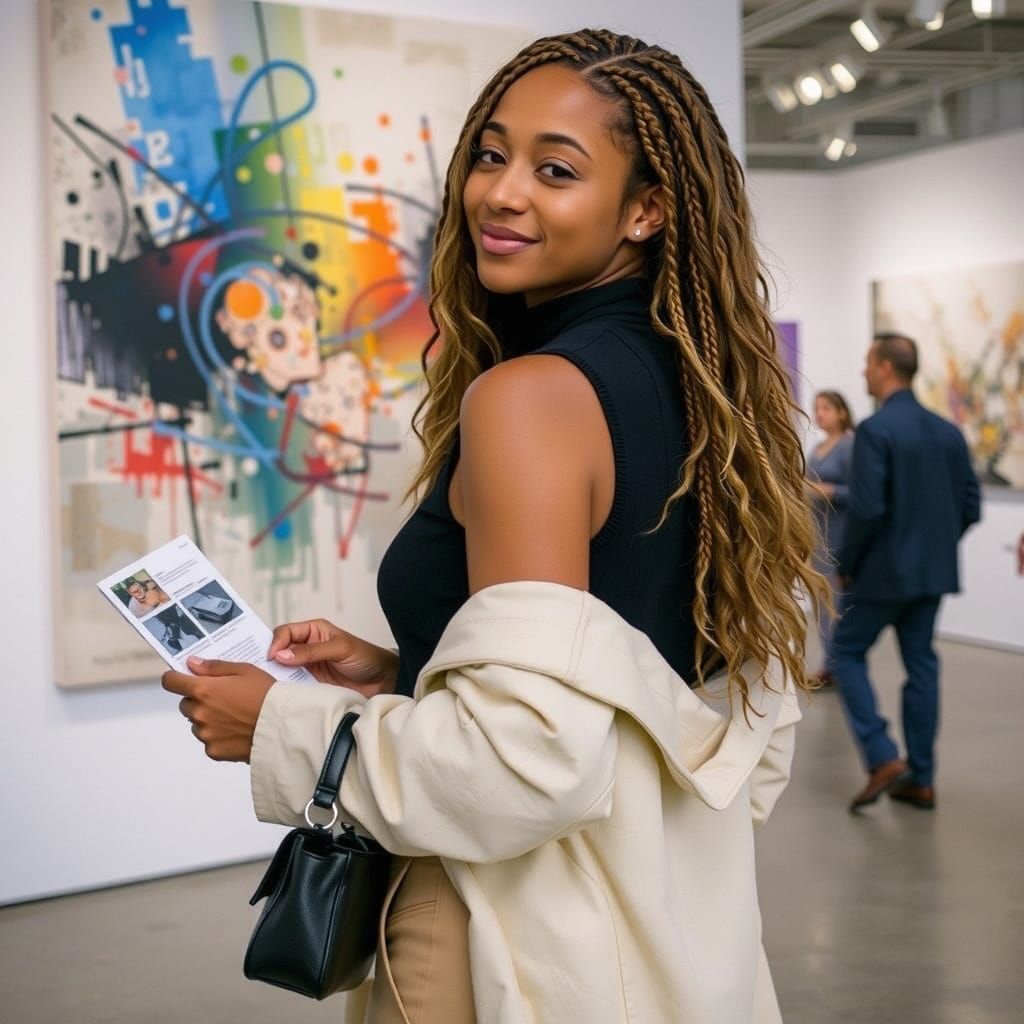 Young Black Woman in Art Gallery with Abstract Painting