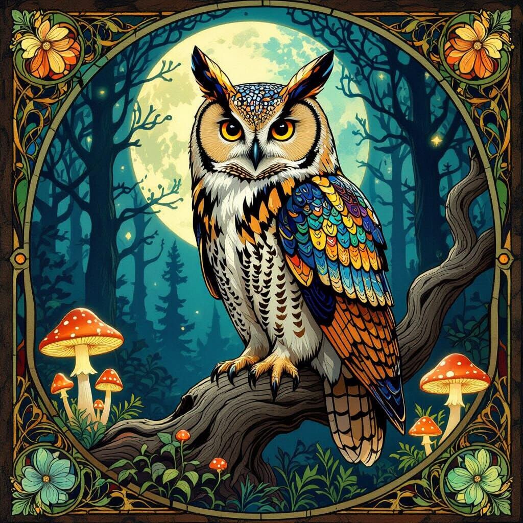 Psychedelic Art Nouveau Owl in Luminous Forest