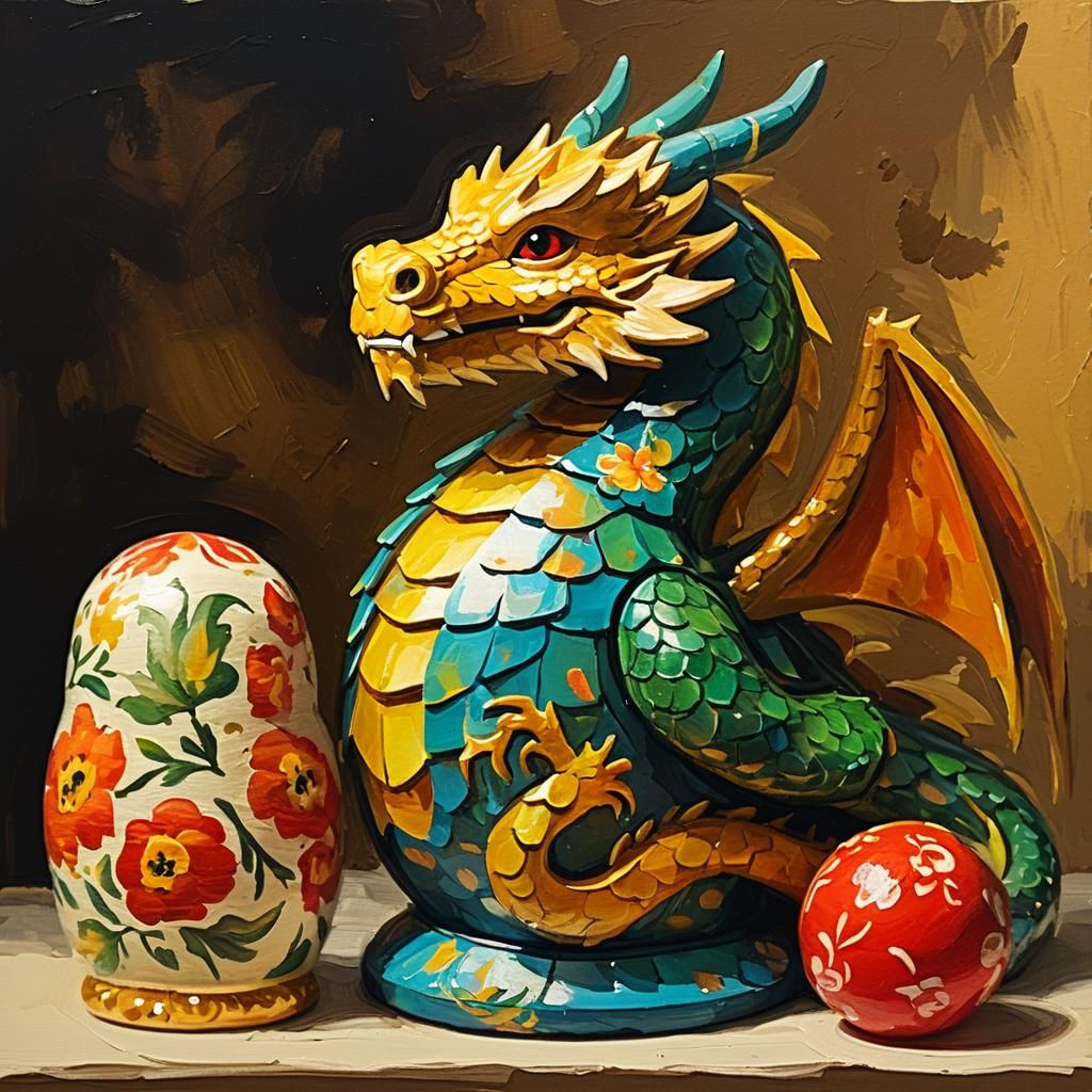 Gouache Masterpiece of a Dragon Nesting Doll