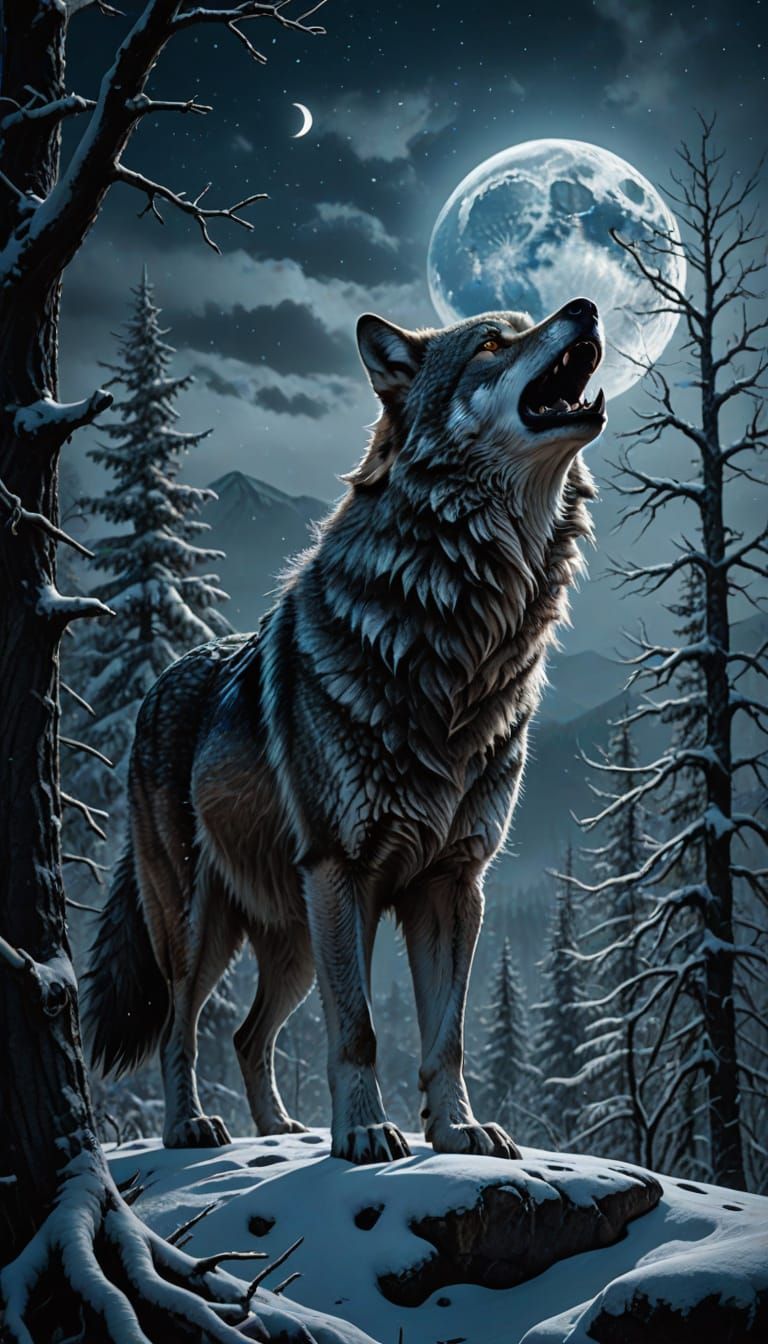Mystical Lone Wolf Stands Tall Under Ethereal Blue Moonlight