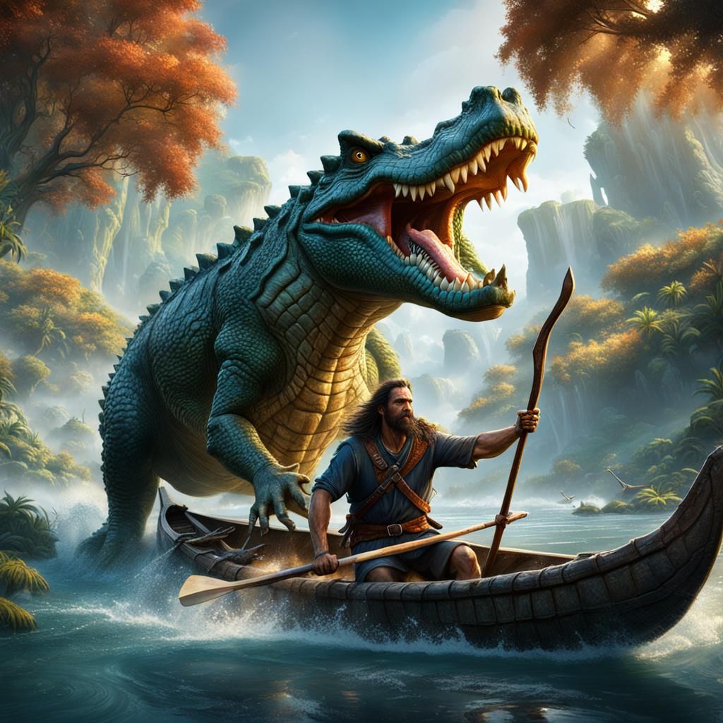 Caveman Warrior Splashes Fierce Crocodile in Ancient Canoe