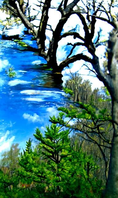 Idyllic Forest Scene by a Tranquil River in Soft Watercolor....