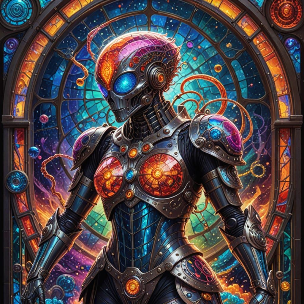 Cosmic Warrior in Vibrant Steampunk Armor