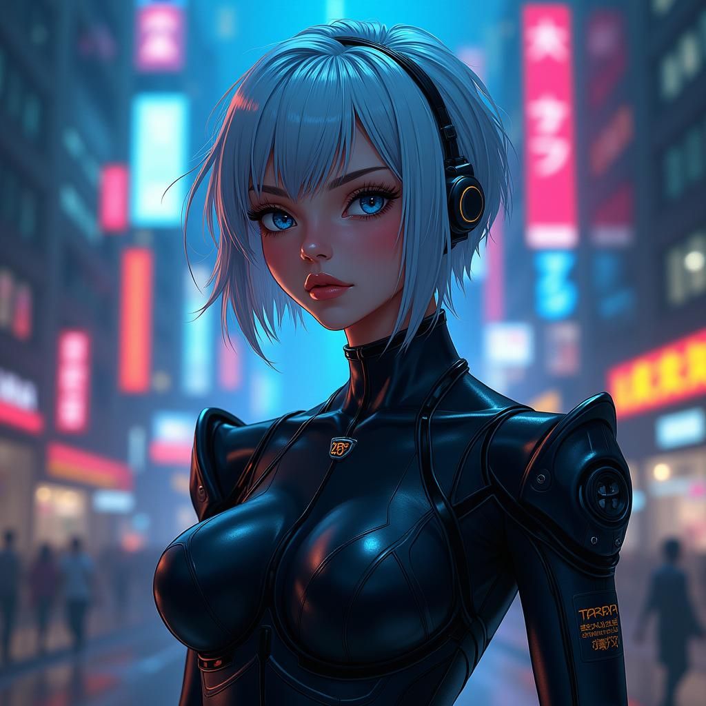 Elegant Cyberpunk Goddess in Neon Cityscapes