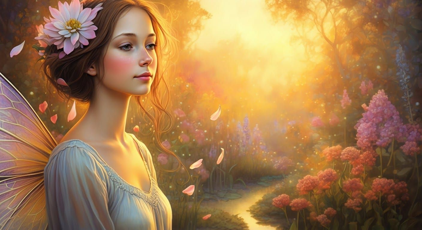 Ethereal Fairy Maiden Unfurls Petals in Whimsical Garden