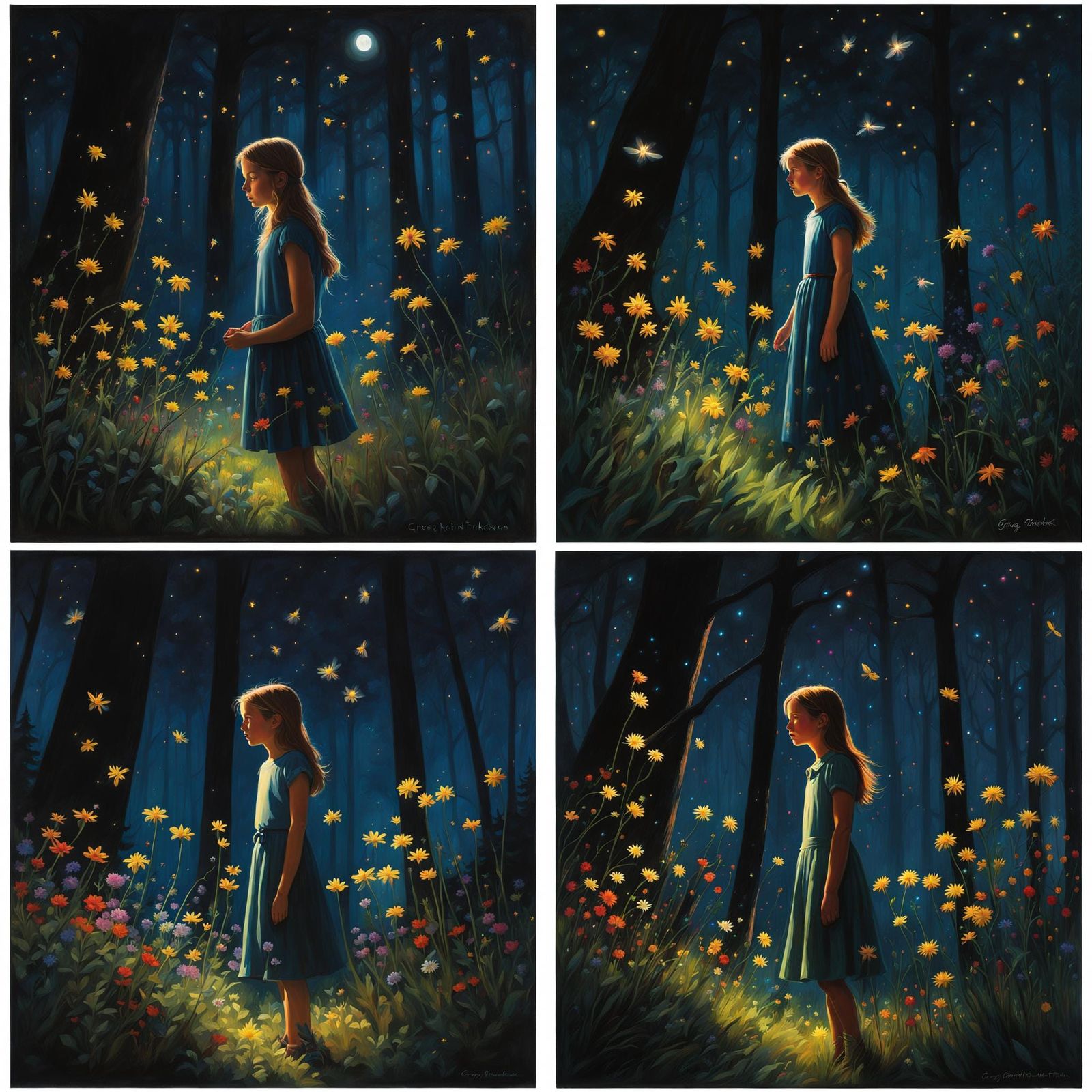 Whimsical Girl Contemplates Moonlit Forest Under Starry Sky