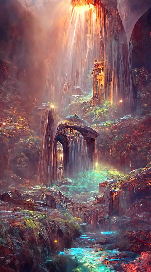 Ethereal Portal Beside a Waterfall in Enchanted Lighting
