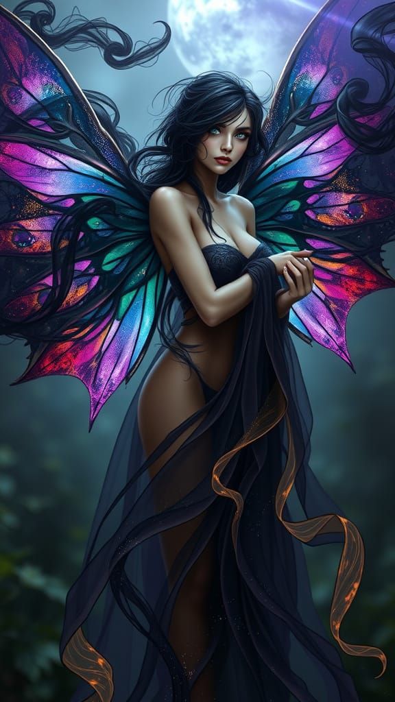Mystical Dark Fairy with Rainbow Wings and Black Smoke Gown