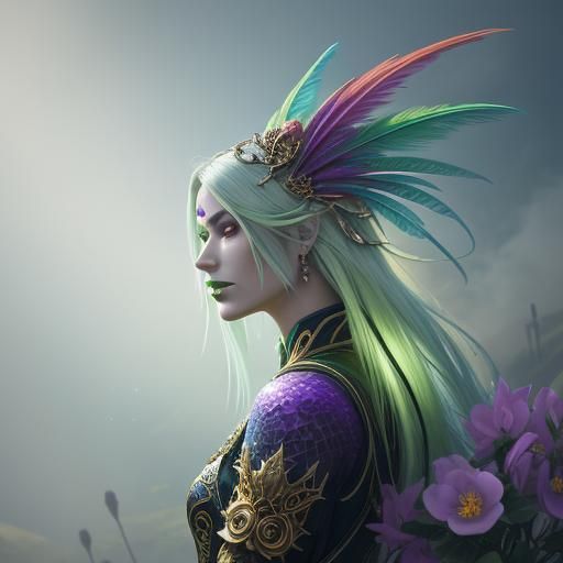 Ethereal Dragon Peacock Woman in Vibrant Bloom