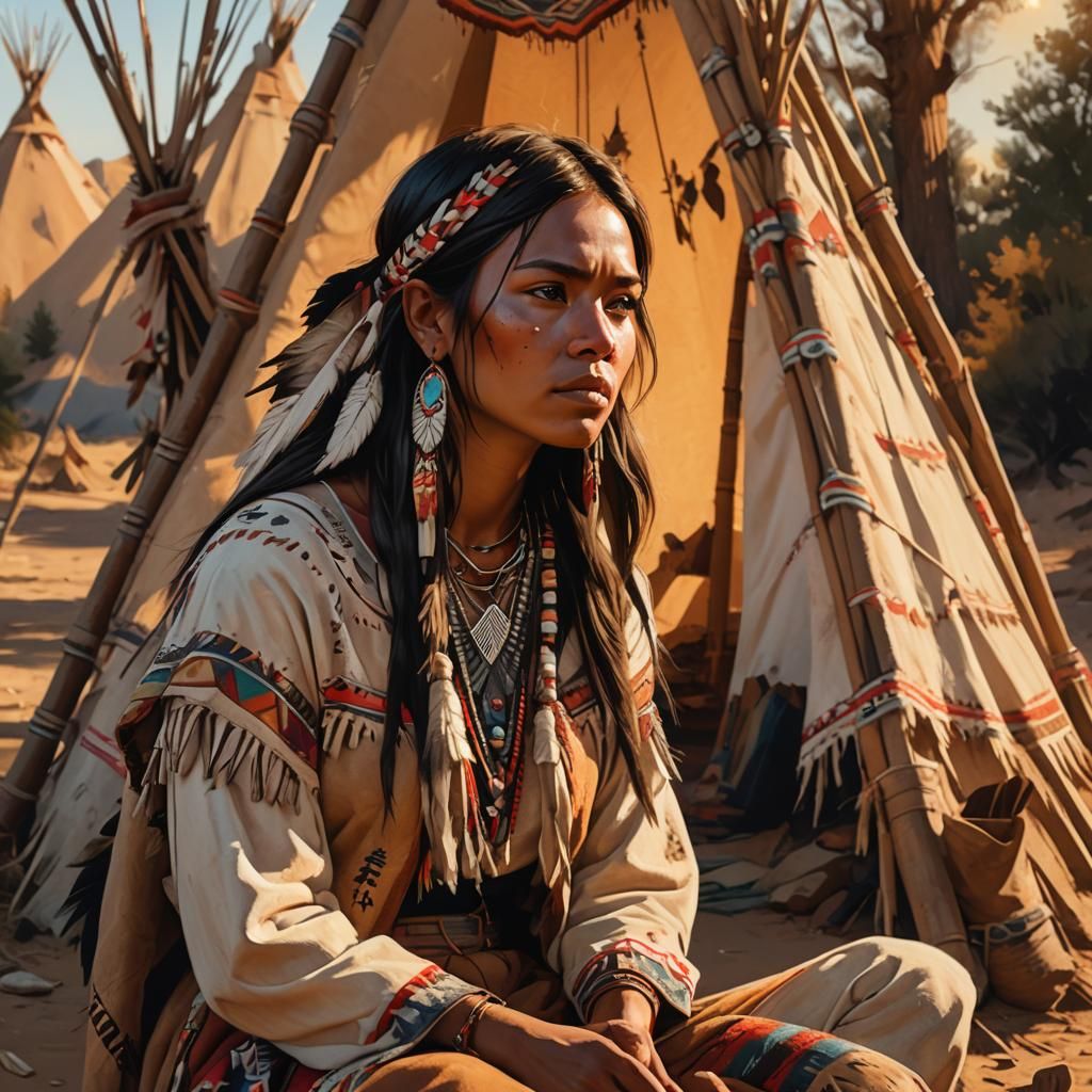 Young Squaw in Warm Sundown Light, Traditional Teepee in Bac...