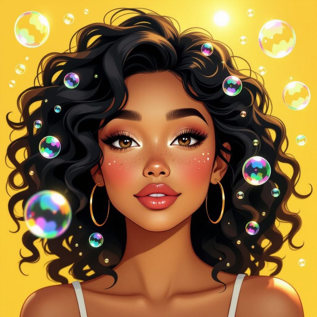 Young Woman Portrait with Bubbles in Whimsical Style