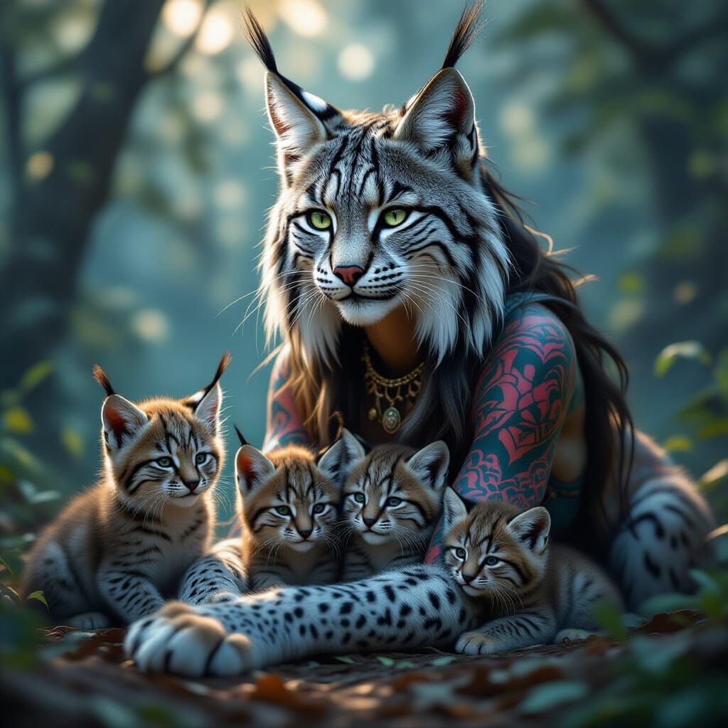 Fantasy Lynx Mother and Cubs in Detailed Matte Painting Styl...