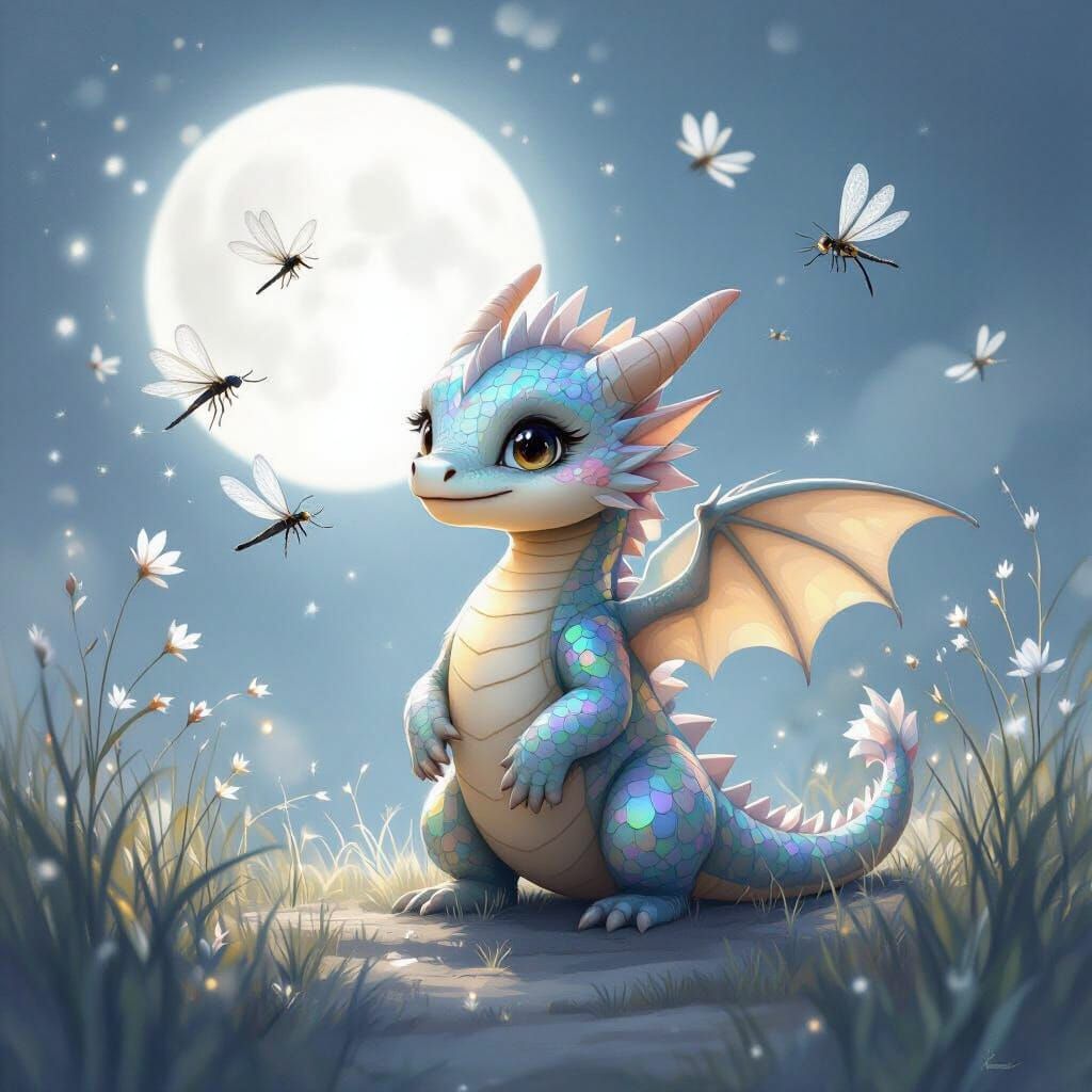 Baby Dragon Chasing Dragonflies Under Moonlight