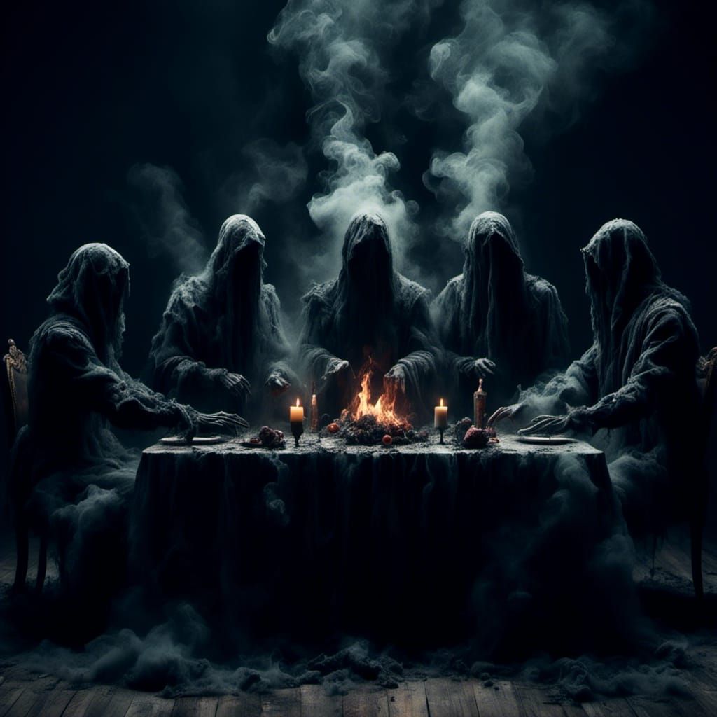 Ethereal Spirit Rises Above Seance in a Macabre Scene